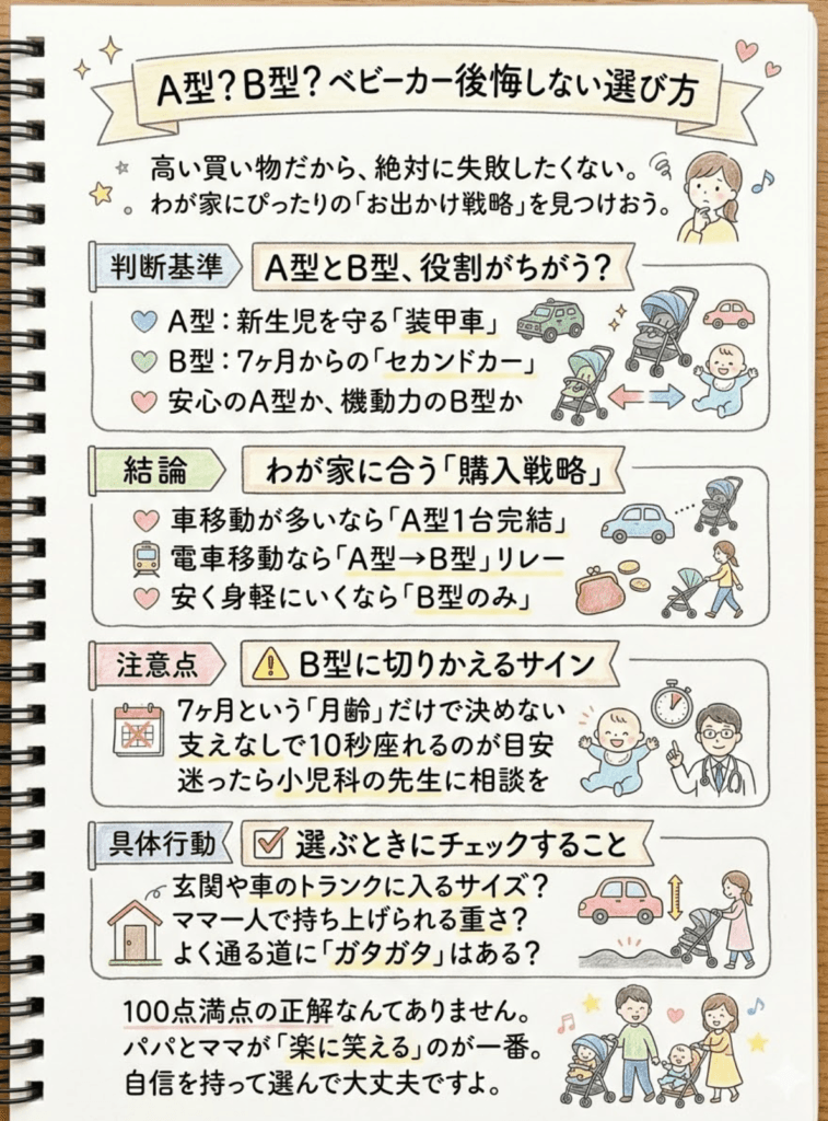 A型ベビーカーはいらない？B型の違いと選び方【診断付】2025年版、最適な購入戦略をわかりやすく説明した画像