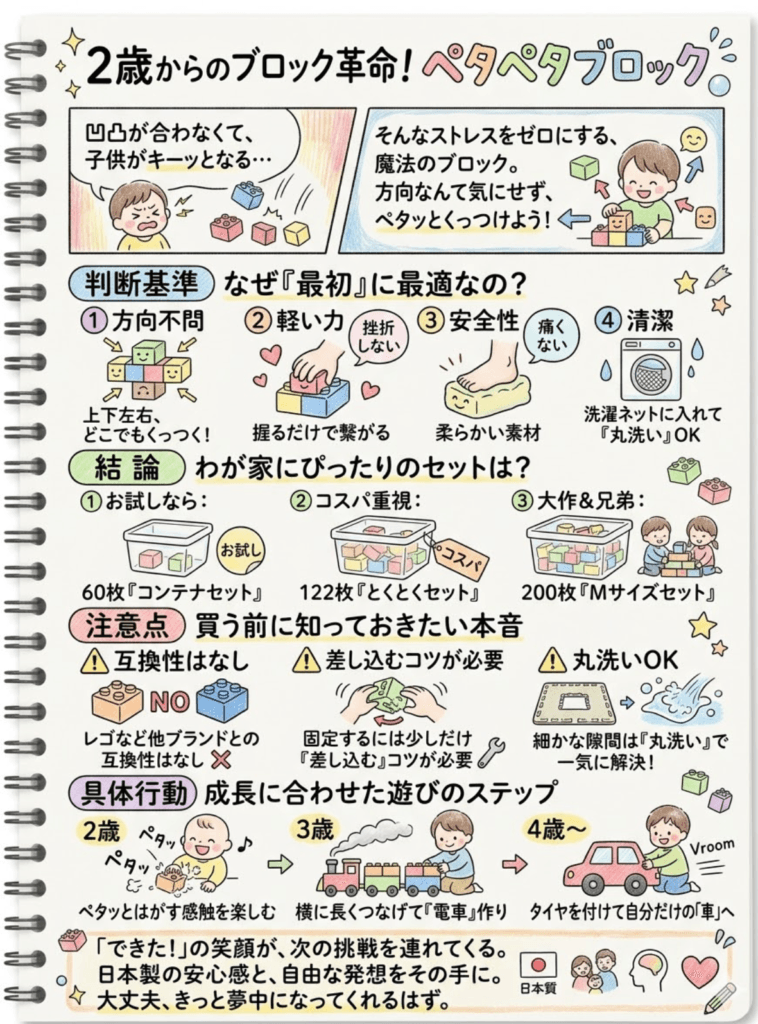 ペタペタブロック徹底レビュー!対象年齢は？作り方は？レゴとの違いと後悔しない選び方をわかりやすく説明した画像
