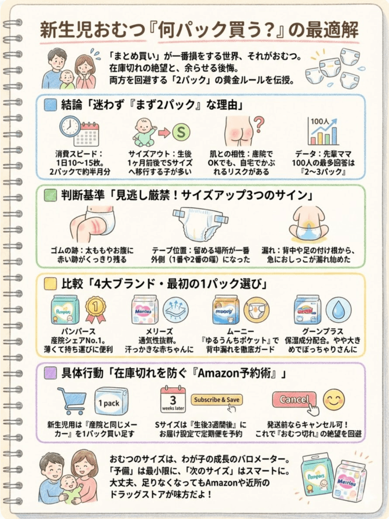 【結論】新生児おむつ何パック買うのが正解?買いすぎ後悔と在庫切れ絶望を回避する全知識をわかりやすく説明した画像