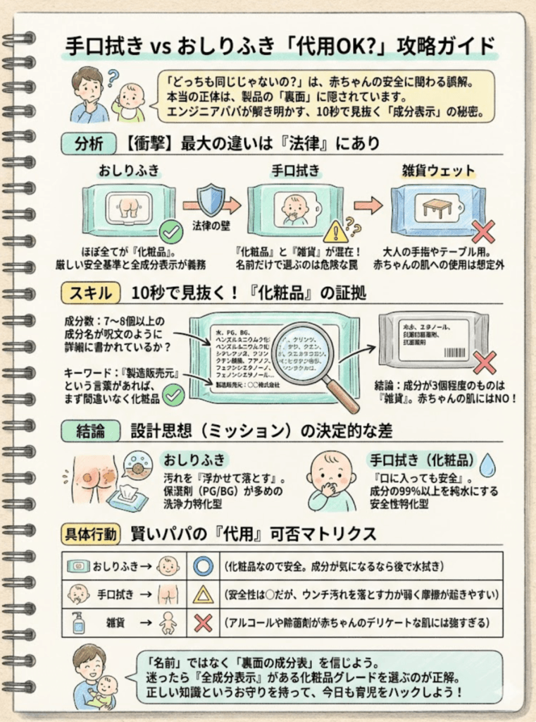 手口拭きとおしりふきの違いは3つ！代用できる？OK/NGパターンを【化粧品vs雑貨】の視点で徹底解説をわかりやすく説明した画像