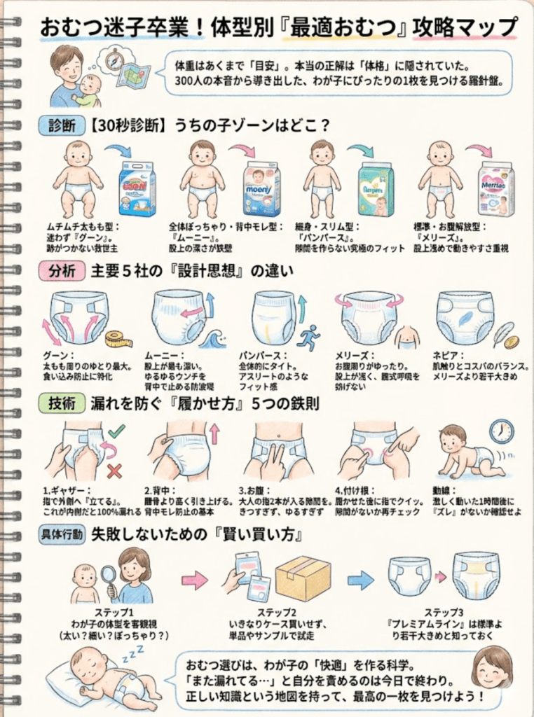 【太もも太い/細い子向け】おむつサイズ比較!実際のママ300人の声でわかる"漏れない・跡がつかない"選び方をわかりやすく説明した画像