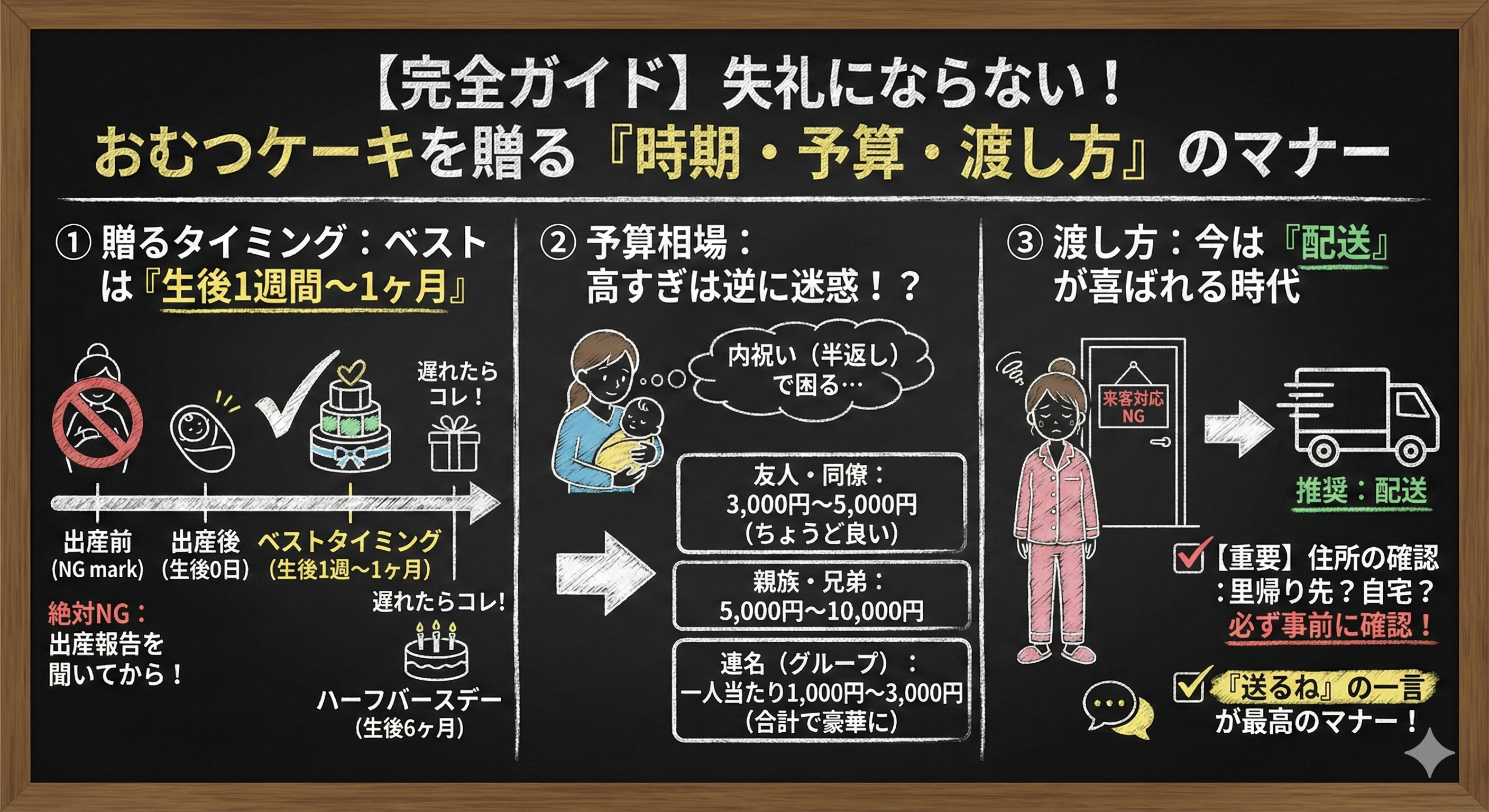 【完全ガイド】失礼にならない！おむつケーキを贈る「時期・予算・渡し方」のマナーを分かりやすく説明した画像