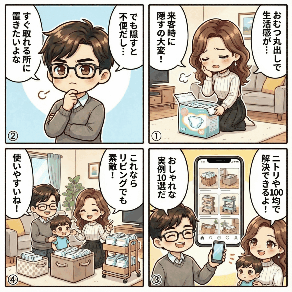 おむつ収納アイデア!ニトリ・無印・100均で叶う！おしゃれで使いやすいストッカー実例10選の記事を紹介する四コマ漫画