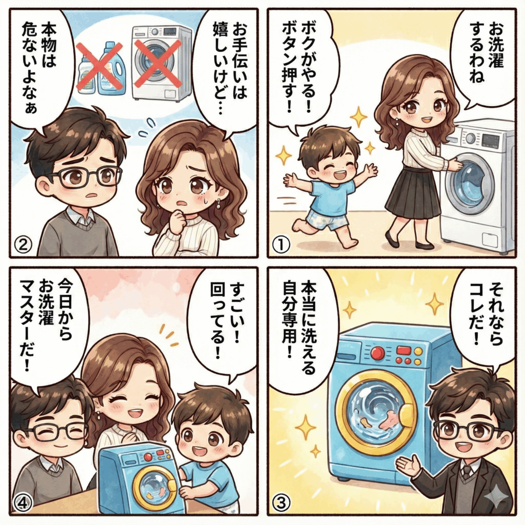 おもちゃ洗濯機本当に洗える!?リアルなドラム式から人気モデル比較！3歳からの知育ごっこの記事を説明した4コマ漫画画像