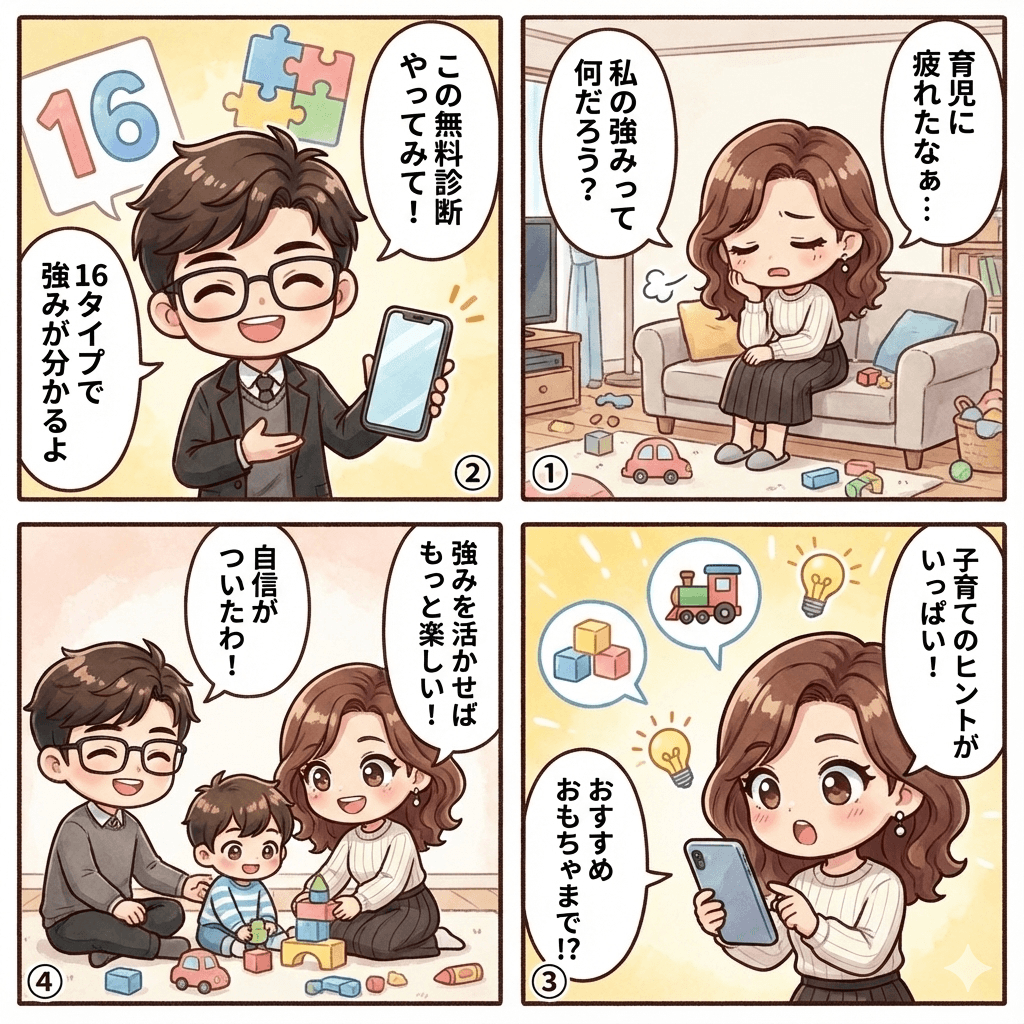 【簡単無料】大人向け簡易16タイプ性格傾向診断|あなたの強みと子育てのヒントを発見の記事を説明した4コマ漫画画像