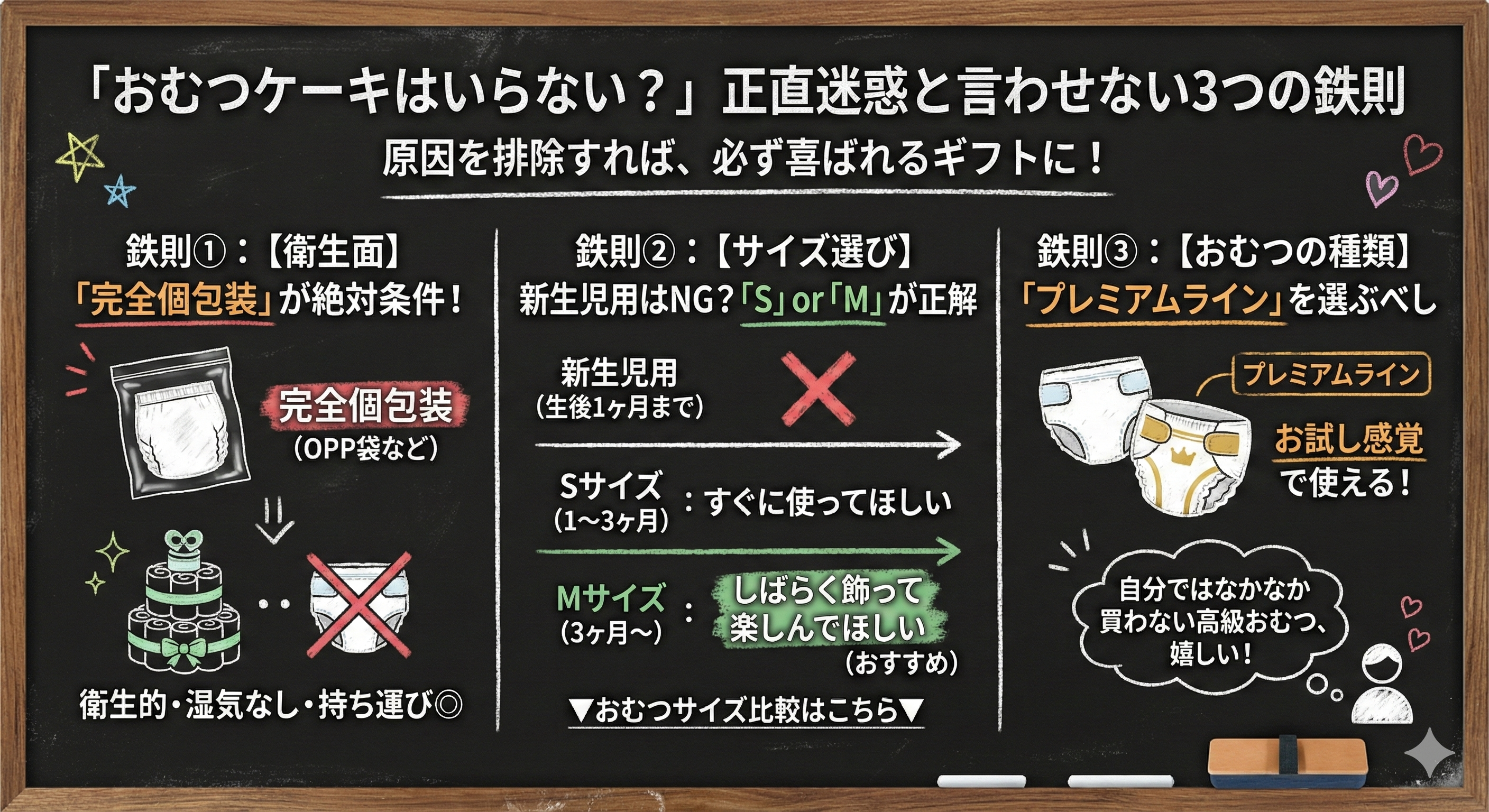 「おむつケーキはいらない？」正直迷惑と言わせない3つの鉄則を図解で説明した画像