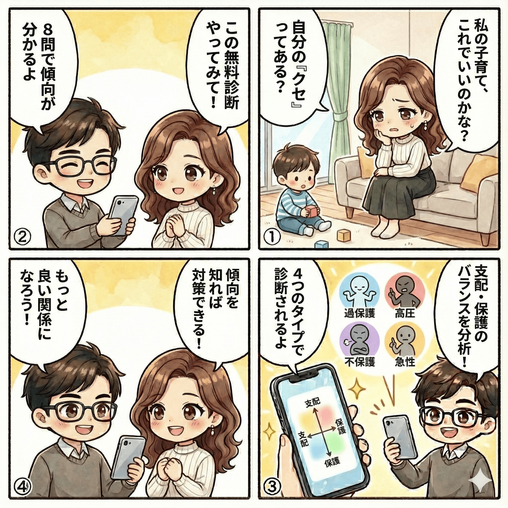 【親子関係診断テスト】あなたの子育てスタイルは？8つの質問でわかる「養育タイプ」診断ツールで何がわかるのかを説明した4コマ漫画画像