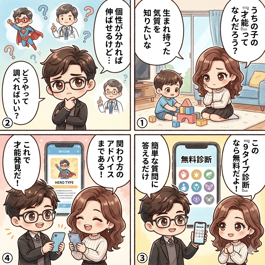 【無料】子供の隠れた才能発見！9タイプ気質診断ソフト｜赤ちゃんから小学生までの内容を説明した4コマ漫画画像