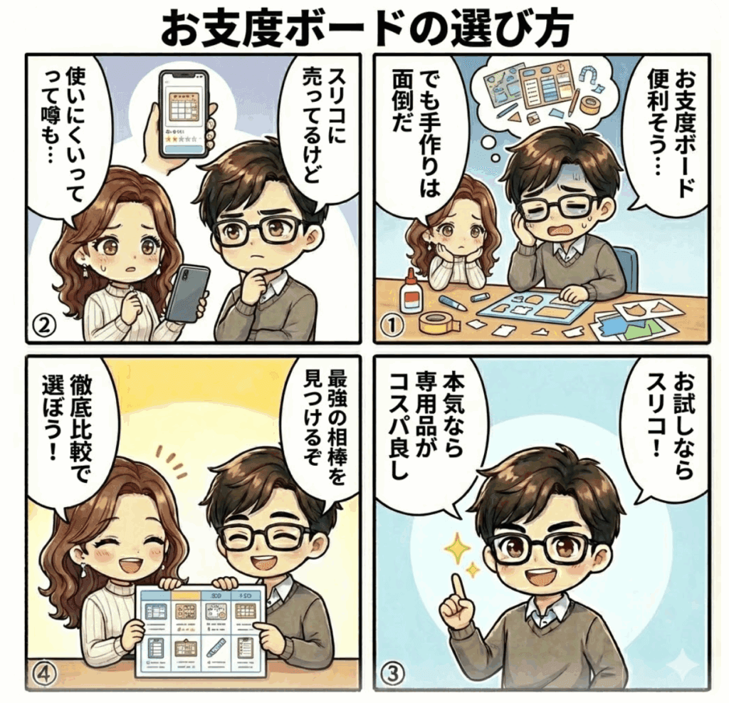 お支度ボードおすすめ比較|スリコは買い?おしゃれ&高機能な市販品と徹底レビュー【スリーコインズ】の記事を簡単に説明した4コマ画像