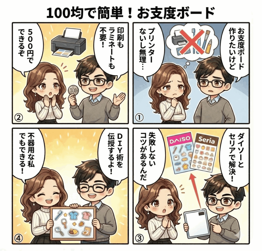 【100均】お支度ボード手作り！ダイソー・セリアで印刷不要？簡単おしゃれな作り方と失敗しないコツの記事の概要を説明した画像