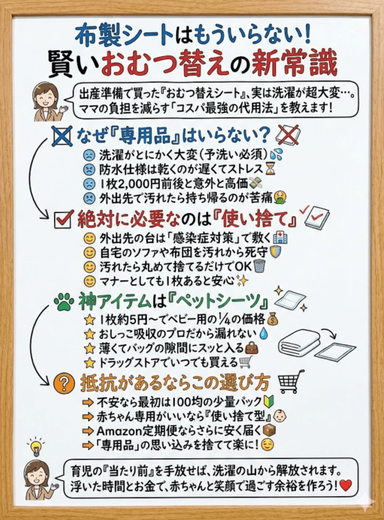 【結論】おむつ替えシートはいらない！使い捨て100均よりコスパいい代用品｜衛生面も徹底比較をまとめた画像