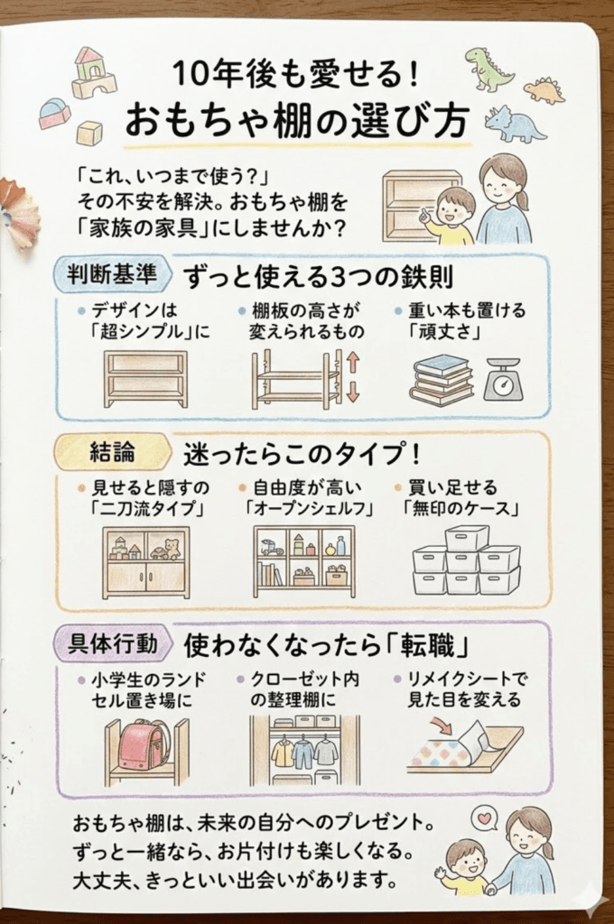 おもちゃ収納棚“ずっと使える”選び方の正解はコレ！使わなくなった後の活用法まで徹底解説をわかりやすく説明した画像