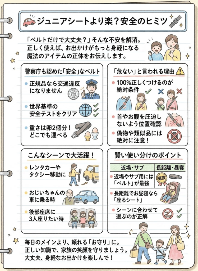 スマートキッズベルトは危ない?事故/違反の噂と安全な使い方|警察庁公認じゃない類似品に注意!をわかりやすく説明した画像