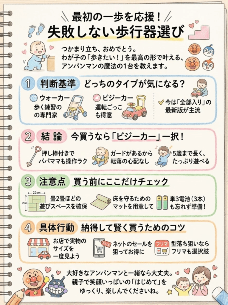 アンパンマンウォーカー比較！旧へんしんウォーカーより最新ビジーカーを激推しする理由をわかりやすく説明した画像
