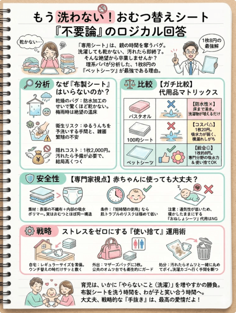 content:  title: "もう洗わない！おむつ替えシート『不要論』のロジカル回答"  intro: |    「専用シート」は、親の時間を奪うバグ。    洗濯しても乾かない、汚れたら即終了。    そんな絶望から卒業しませんか？    理系パパが分析した、    1枚8円の『ペットシーツ』が最強である理由。  sections:    - category: "分析"      title: "なぜ『布製シート』はいらないのか？"      items:        - "乾燥のバグ：防水加工のせいで驚くほど乾かない。梅雨時は絶望の温床"        - "衛生リスク：ゆるうんちを予洗いする手間と、雑菌繁殖の不安"        - "隠れコスト：1枚2,000円。汚れたら予備が必要で、結局高くつく"    - category: "比較"      title: "【ガチ比較】代用品マトリックス"      items:        - "バスタオル：【防水性×】床まで浸水。洗濯物が増えるだけ"        - "100均シート：【コスパ△】1枚20円。吸水力が弱く、横漏れしがち"        - "ペットシーツ：【総合◎】1枚約8円。専門分野の吸水力 ＆ 使い捨てOK"    - category: "安全性"      title: "【専門家視点】赤ちゃんに使っても大丈夫？"      items:        - "素材：表面の不織布＋内部の吸水ポリマー。実はおむつとほぼ同じ構造"        - "条件：『短時間の使用』なら肌トラブルのリスクは極めて低い"        - "注意：通気性が低いため、寝かしたままにする『おねしょシーツ』代用はNG"    - category: "戦略"      title: "ストレスをゼロにする『使い捨て』運用術"      items:        - "自宅：レギュラーサイズを常備。ウンチ替えの時だけサッと敷く"        - "外出：マザーズバッグに3枚。公共のオムツ台でも衛生的にガード"        - "処分：汚れたらオムツと一緒に丸めてポイ。洗濯カゴへ行く手間を断つ"  summary: |    育児は、いかに「やらないこと」を増やすかの勝負。    布製シートを洗う時間を、わが子と笑い合う時間へ。    大丈夫、戦略的な『手抜き』は、最高の愛情だよ！