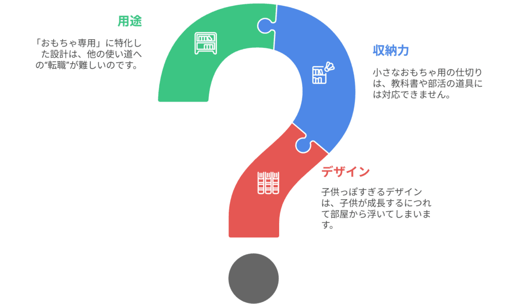 多くのおもちゃ収納棚は“使わなく”なるのか？の説明のスライド