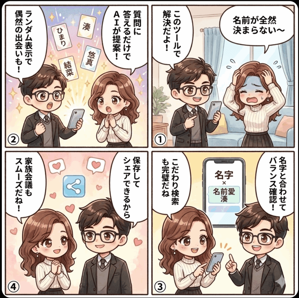 簡単無料名前ジェネレータの内容を説明したわかりやすい4コマ漫画