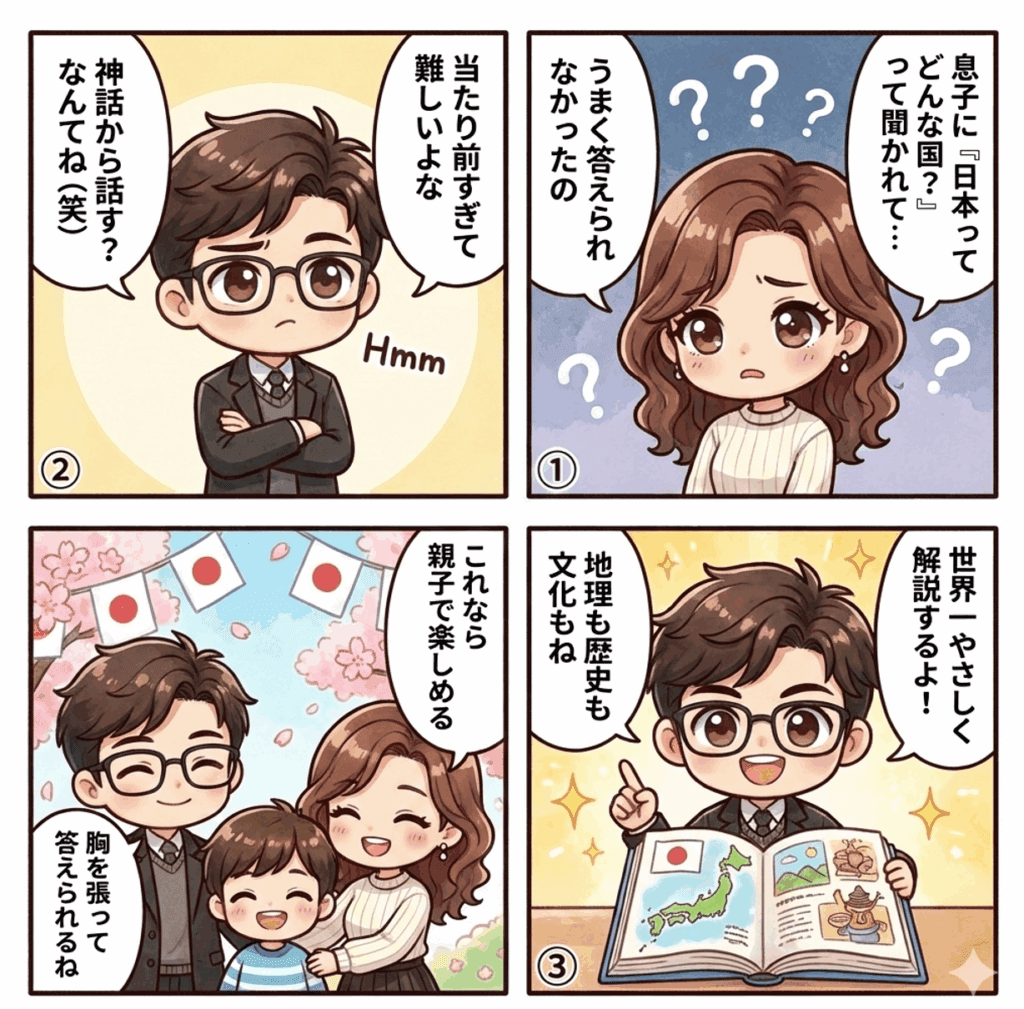 日本ってどんな国？面白い文化と歴史の物語を、パパが世界一やさしく解説！【子供と学ぶ】　の記事を説明した4コマ漫画画像