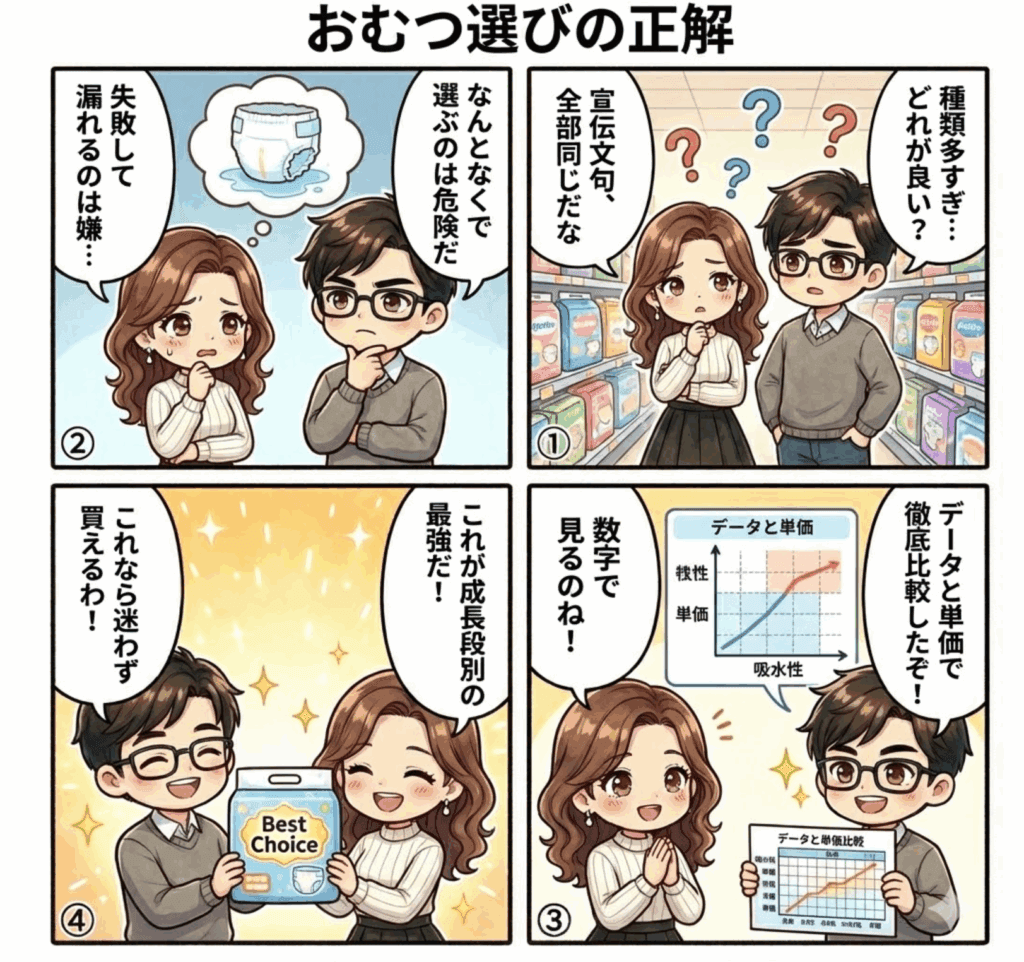赤ちゃん用おむつおすすめ人気ランキングに関する記事の内容を4コマ漫画画像で説明した画像