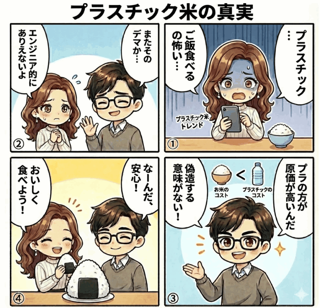 プラスチック米の見分け方は？日本メーカーやコンビニ・パックご飯の安全性と「噂の正体」を徹底の内容の概要を分かりやすく説明した4コマ画像