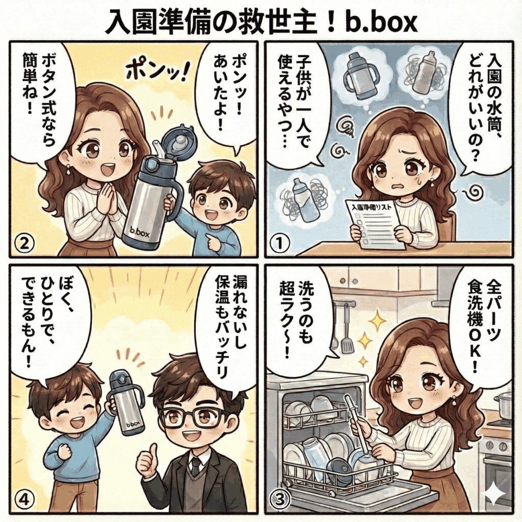 【入園準備】b.boxステンレスボトル＆スナックボックスは3歳が自分で開けられてママも安心【口コミPR】の記事の内容をわかりやすく説明した四コマ漫画画像