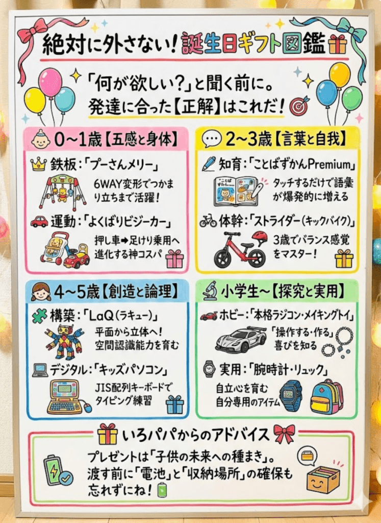 【全年齢】子供の誕生日プレゼントおすすめ完全ガイド！1歳〜小学生の「絶対に外さない」選び方と孫へのギフトをわかりやすく説明した画像