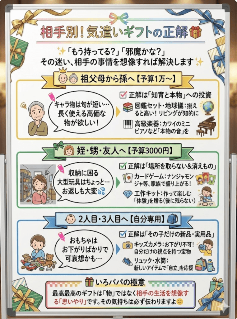  【相手別】孫・姪・甥・2人目への「気遣いギフト」を分かりやすく整理して記載した画像