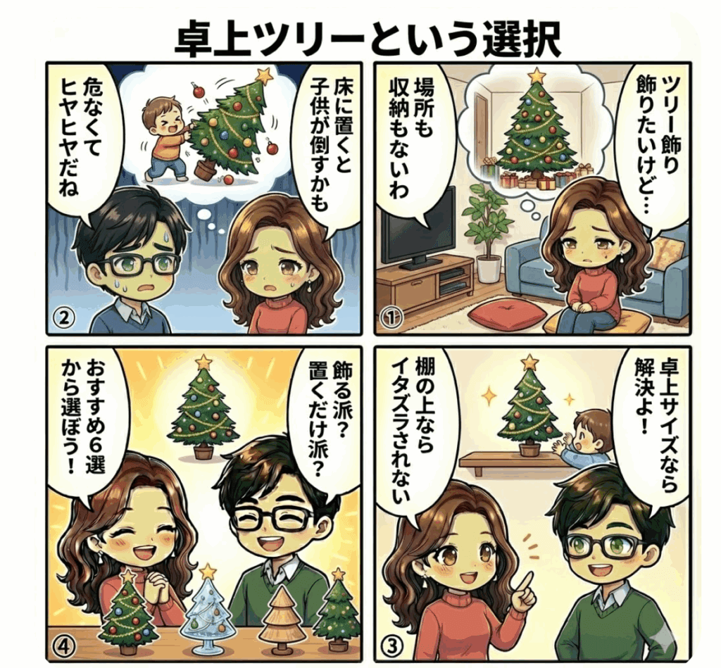 【2025年版】クリスマスツリー卓上・小さめ・ミニおすすめ6選！子供と飾る？おしゃれに置く？をわかりやすく説明した4コマ画像