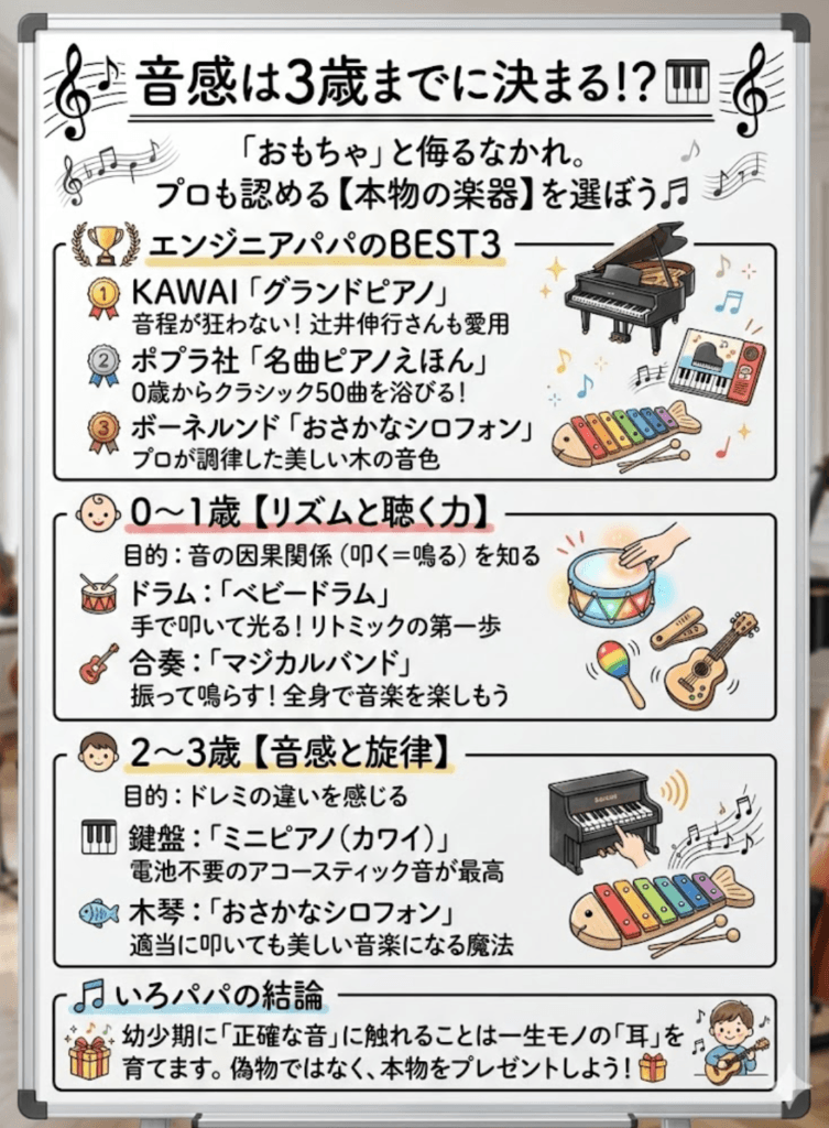 【年齢別】子供用ピアノ・楽器おもちゃおすすめ完全ガイド！2歳・3歳から「絶対音感」を育むカワイや木琴の選び方をわかりやすく説明した画像