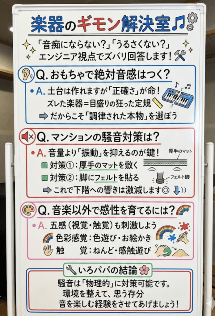【Q&A】絶対音感や騒音対策について：エンジニアパパの回答をわかりやすく説明した画像