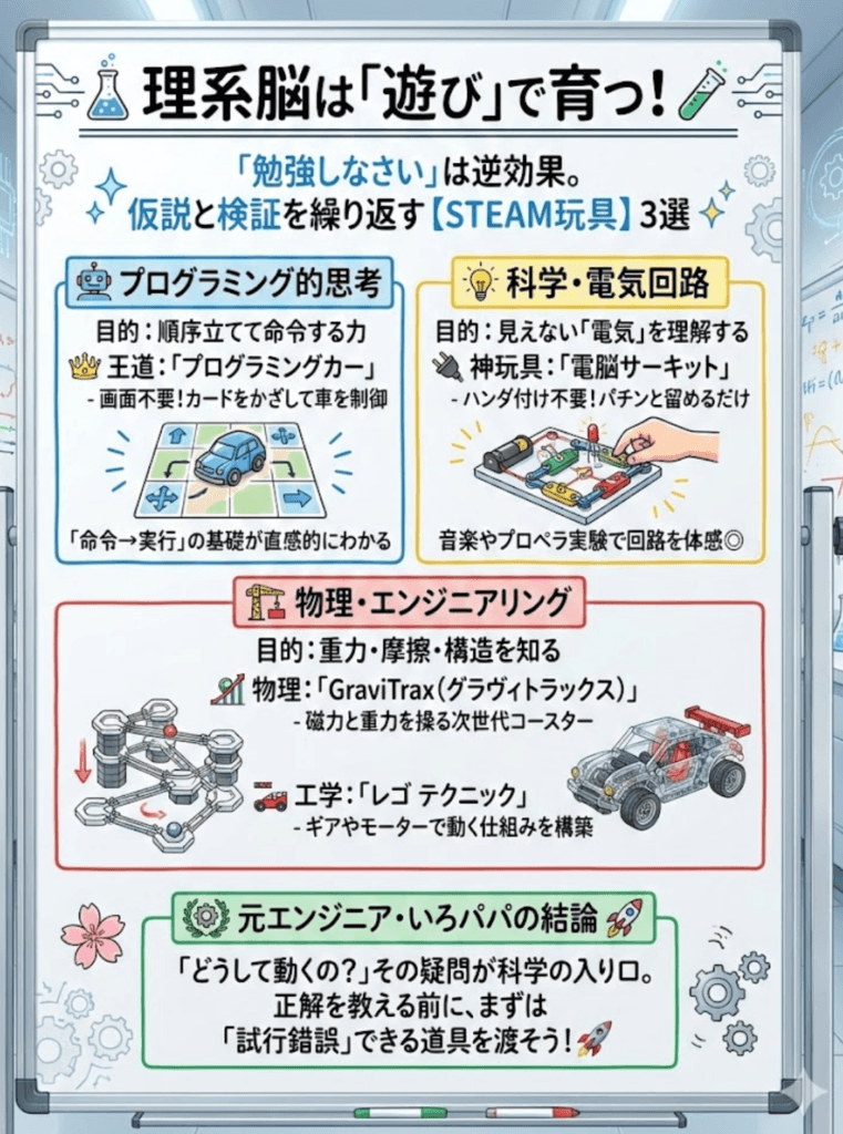 【STEAM教育】理系脳を育てるおもちゃおすすめ完全ガイド！元エンジニアが選ぶプログラミング・科学・実験キットをわかりやすく説明した画像