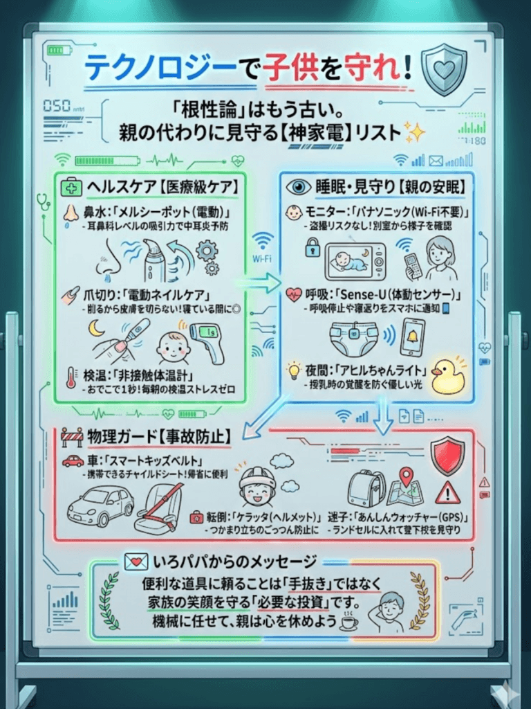 【子供のヘルスケア・安全】育児を助ける「見守り家電&ケアグッズ」完全ガイド!鼻吸い器・モニターからGPSまでをわかりやすく説明した画像