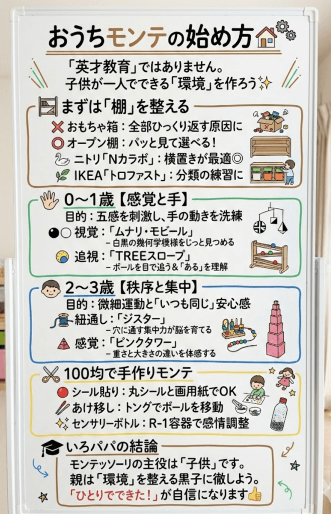 【おうちモンテッソーリ】おもちゃ・教具おすすめ完全ガイド!0歳〜3歳の「棚・環境づくり」と100均手作り術を分かりやすく説明した画像