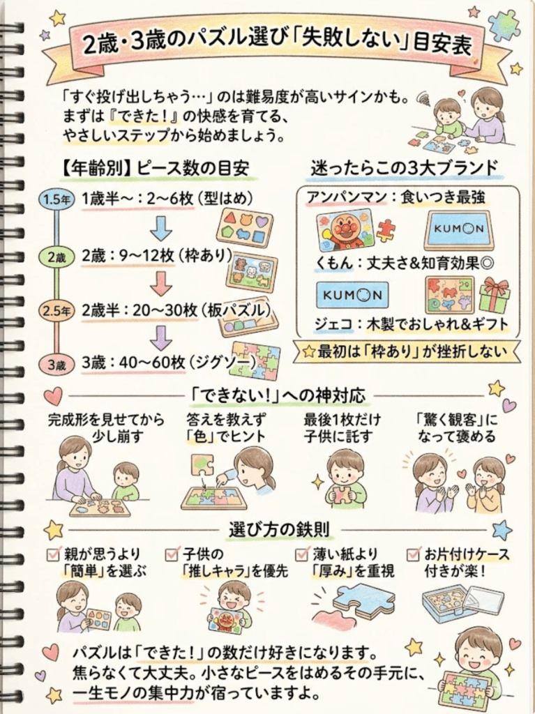 2歳・3歳のパズルは何ピースから?年齢別おすすめ&できない時の教え方|アンパンマン・くもん徹底比較をわかりやすく説明した画像