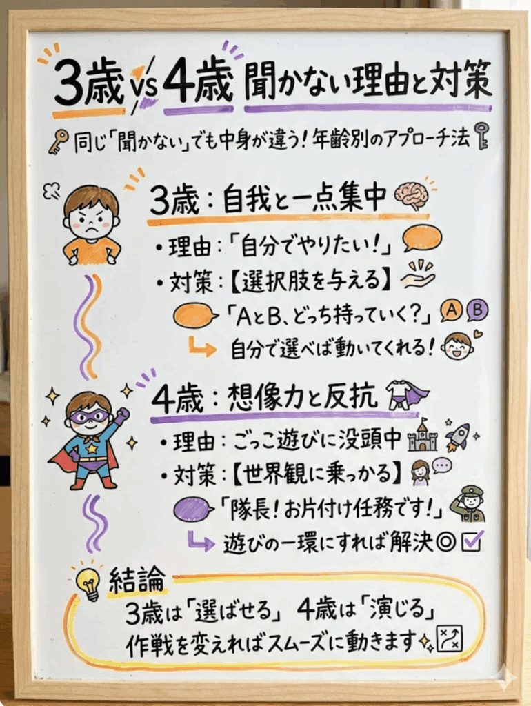 【年齢別】3歳・4歳が話を聞かない具体的な原因と対策を分かりやすく説明した画像