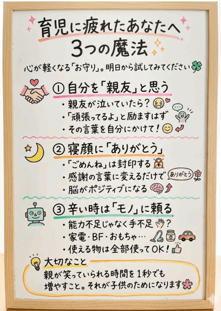 育児に疲れたあなたへ贈る、自己肯定感を高める3つの魔法を分かりやすく説明した画像