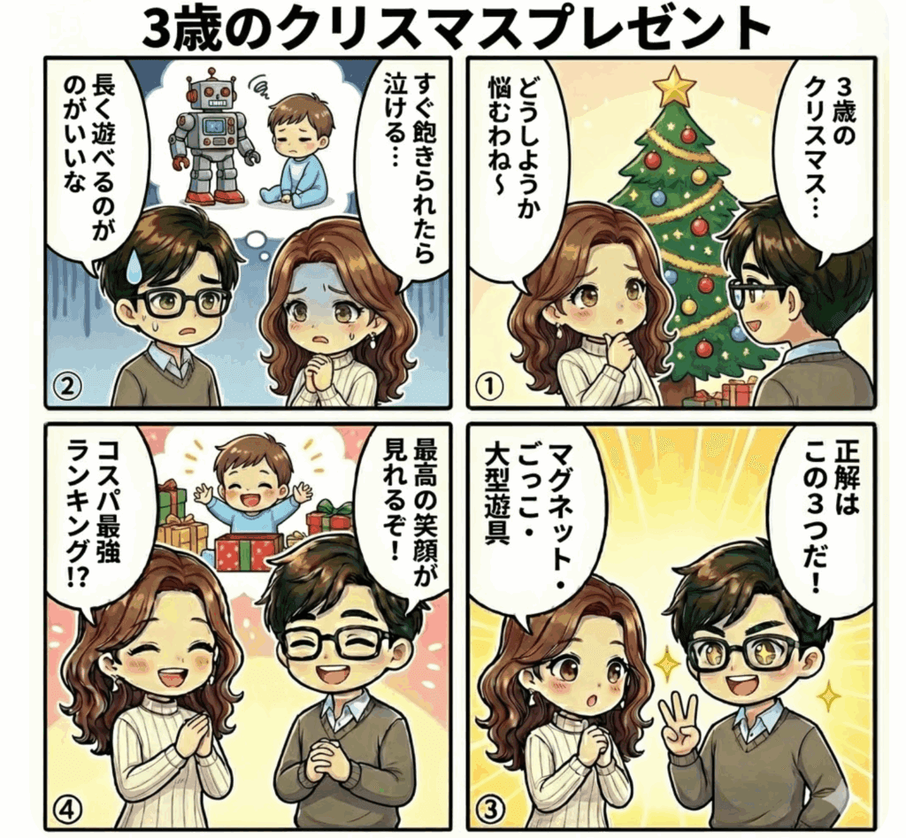 【3歳クリスマスプレゼント】おすすめランキング2025｜男の子・女の子別＆長く遊べる知育玩具決定版の記事をわかりやすく説明した4コマ漫画画像