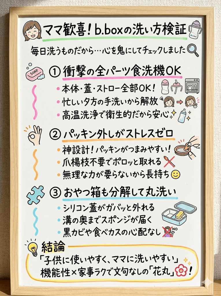 ママの悲願。b.boxの「洗い方」はどうやるの？毎日続く家事だからこそ厳しくチェック！の内容を図解で表した画像