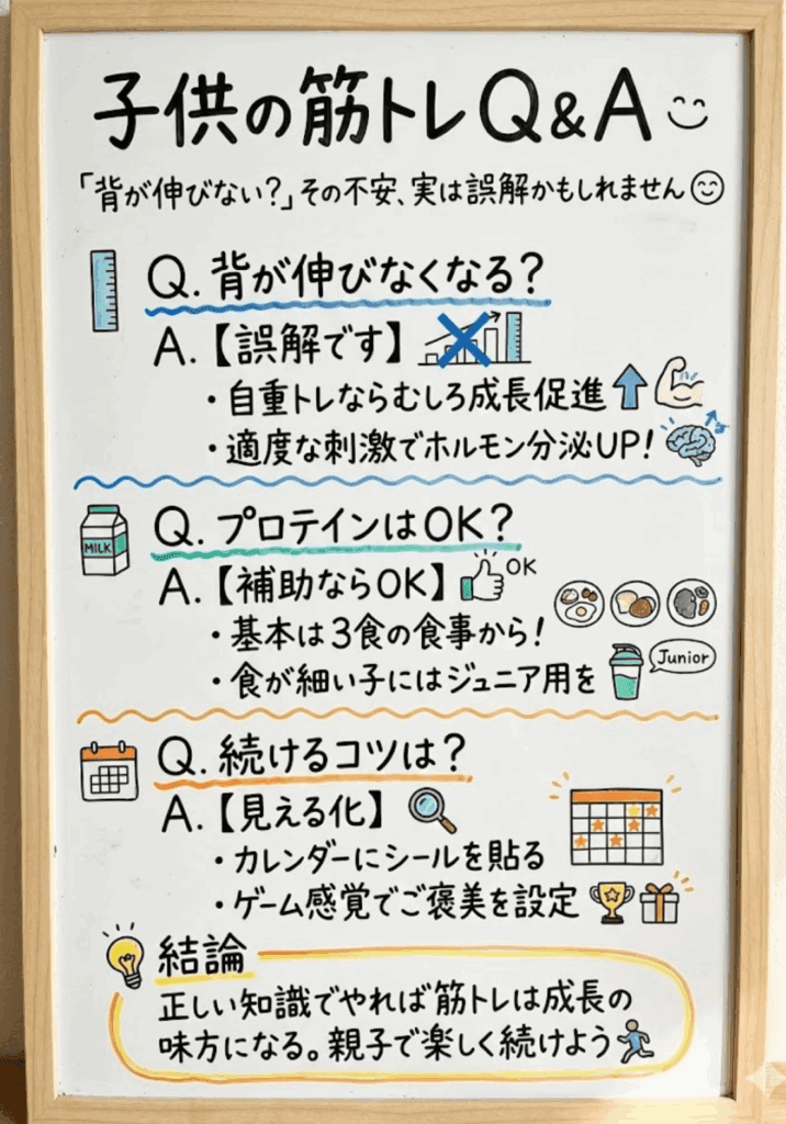 【Q&A】親御さんが気になる「成長」と「筋トレ」の疑問をわかりやすく説明した画像
