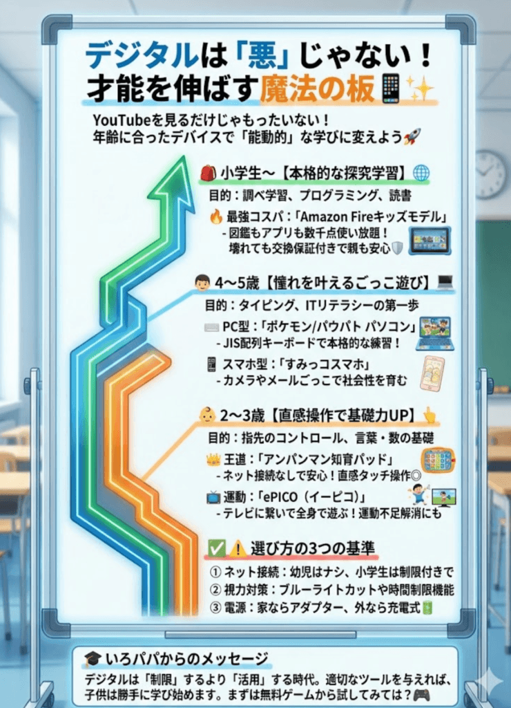 【年齢別】知育パッド・子供用タブレットおすすめ完全ガイド！2歳〜小学生の選び方と無料ゲームまで全網羅をわかりやすく説明した画像