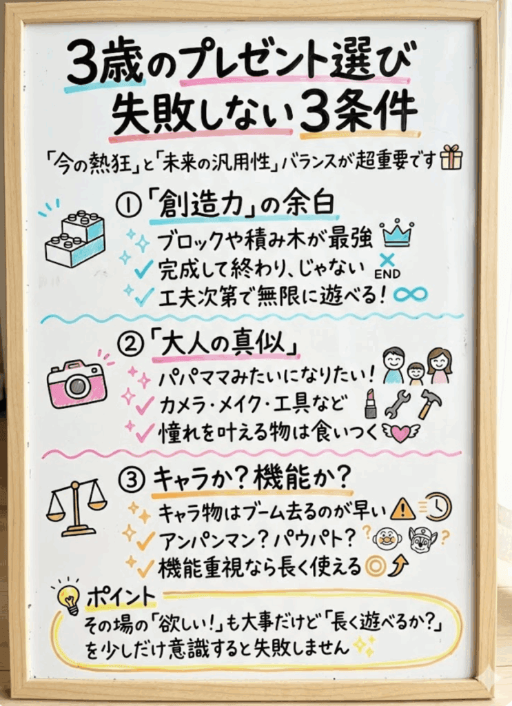 3歳のクリスマスプレゼント選び「失敗しない3つの条件」をわかりやすく説明した図