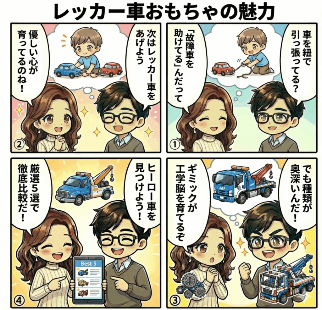【おもちゃレッカー車】決定版！JAF・ブルーダー・レゴ…3歳から高学年まで夢中になる人気5選の記事を簡単に説明した4コマ画像