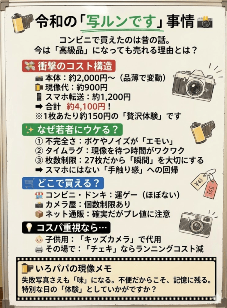 写ルンですはどこに売ってる？ドンキの値段は？定価2,860円でも売れる「エモい」理由と現像代の真実をわかりやすく説明した画像