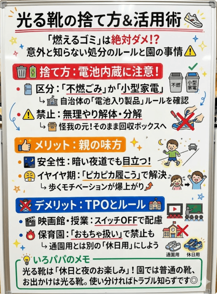  【捨て方】実は一番困る？光る靴の処分方法と 光る靴のメリット・デメリットと「保育園のルール」をわかりやすく整理して説明した画像