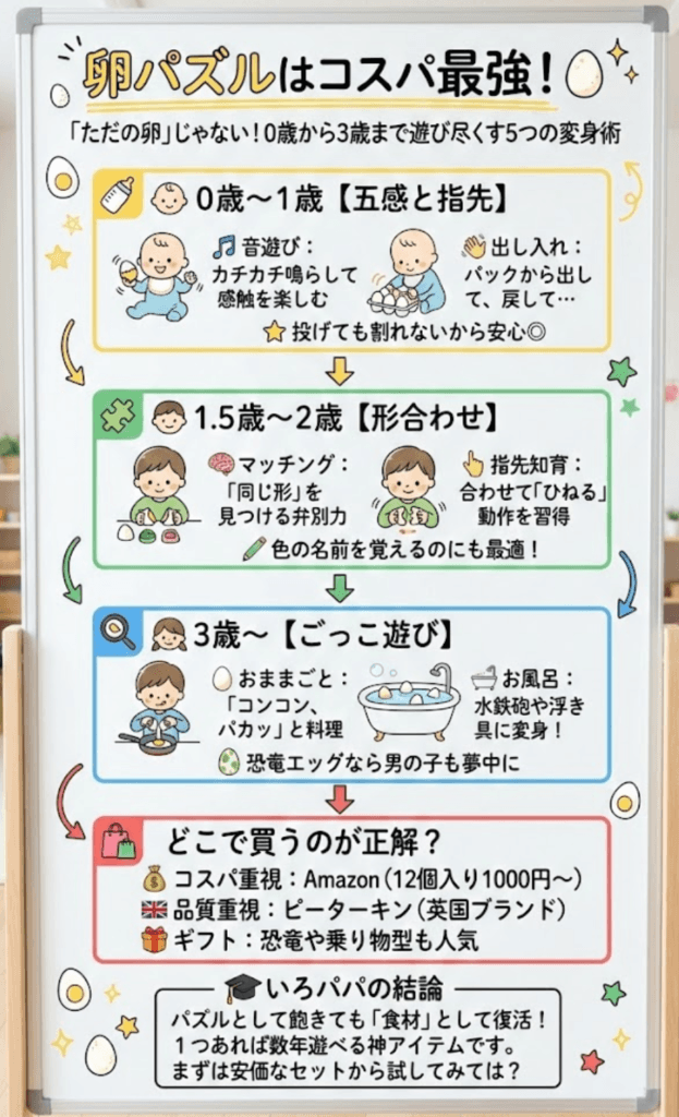 マッチングエッグはいつから?何歳から遊べるか&モンテッソーリ流の遊び方5選【西松屋・ダイソー】をわかりやすく整理して説明した画像