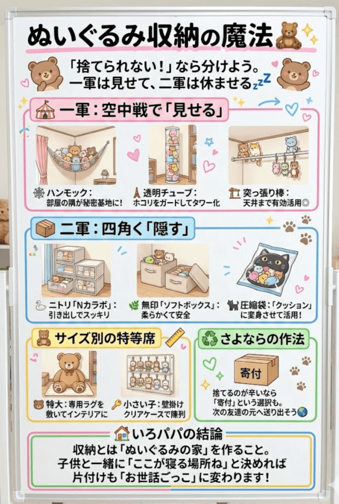 ぬいぐるみ収納アイデア決定版!大量でもスッキリ「ハンモック・筒」&ニトリ・スリコ活用術をわかりやすく説明した画像