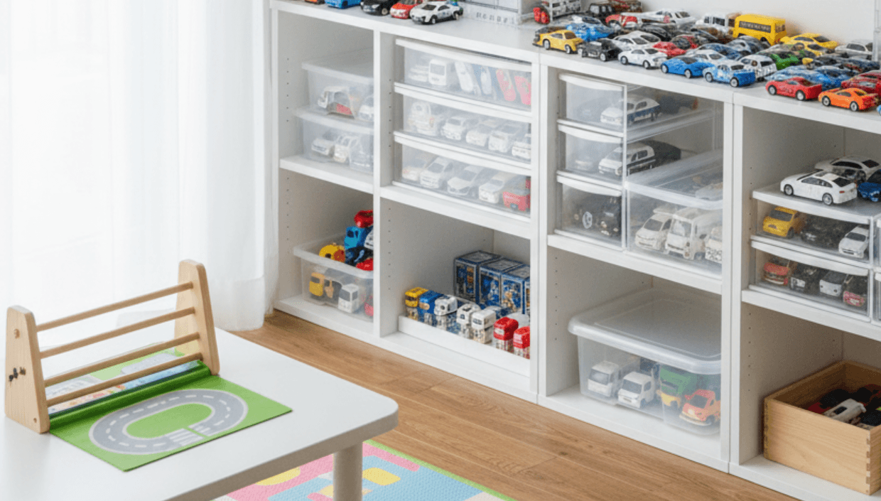 トミカ収納は100均・ニトリ・無印で「見せる」が正解！ダイソー＆セリアの神フィット棚と手作り術