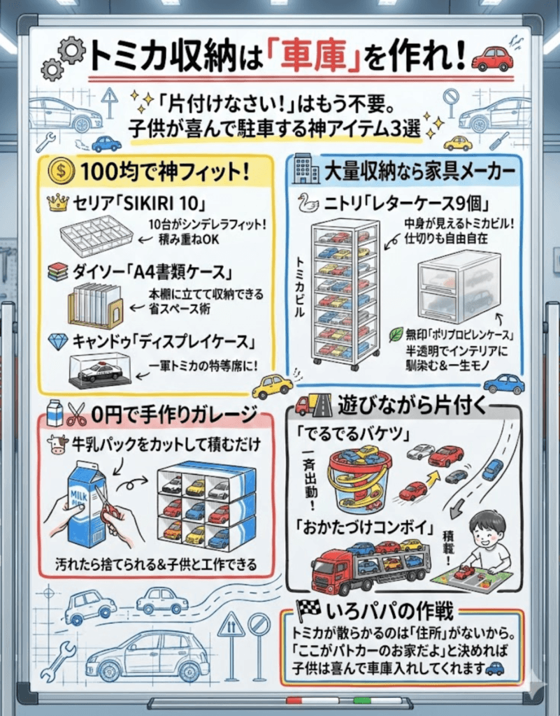 トミカ収納は100均・ニトリ・無印で「見せる」が正解！ダイソー＆セリアの神フィット棚と手作り術をわかりやすく説明した画像