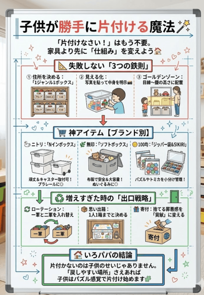 【おもちゃ収納完全ガイド】ニトリ・無印・100均で「子供が自分で片付ける」部屋づくり&捨て方をわかりやすく説明した画像