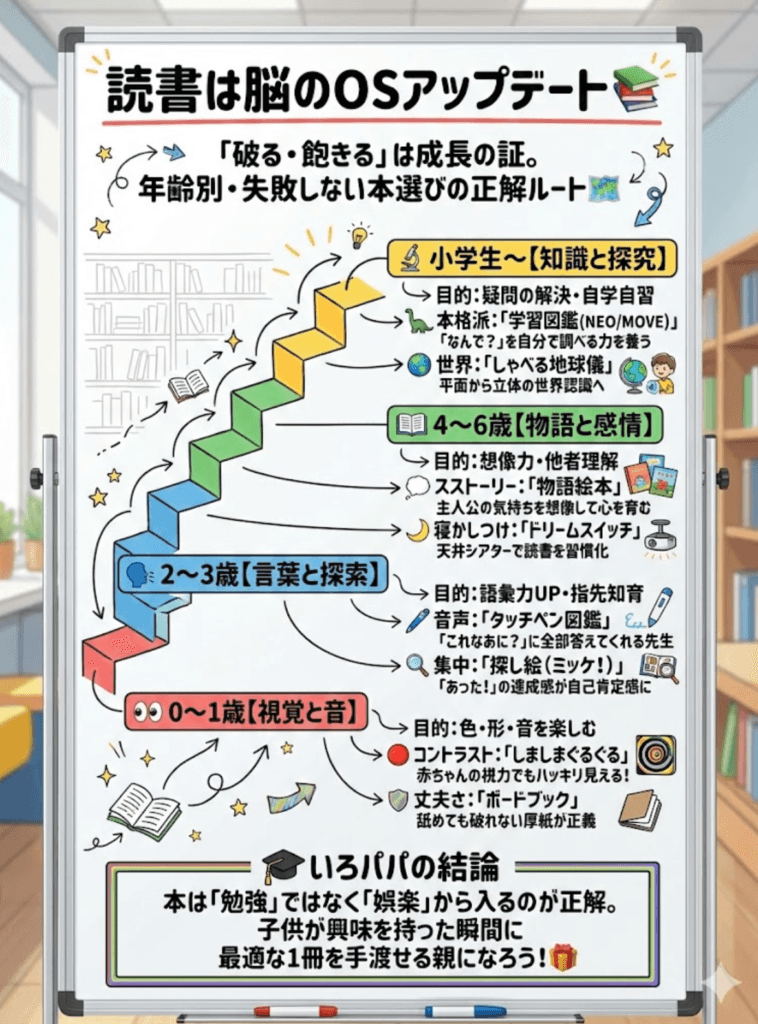 【年齢別】絵本・図鑑おすすめ完全ガイド！0歳から小学生まで「知育・読み聞かせ」の選び方全網羅をわかりやすく説明した画像